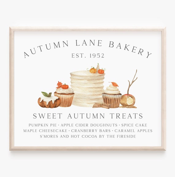 Vintage Autumn Bakery Sign Art Print, Fall Farmhouse