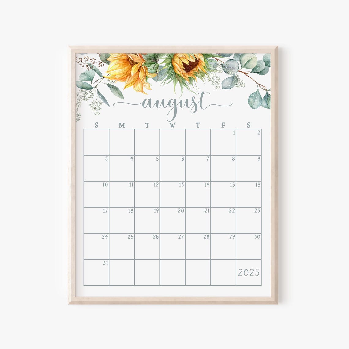 August 2025 Calendar Sunflowers Eucalyptus Wood Frame Planner - Image 2