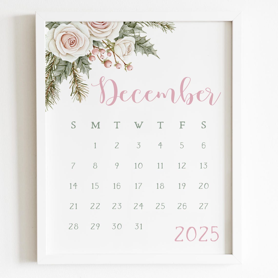 December 2025 Calendar Pink Roses Holly Blush Floral Wall Planner - Image 5
