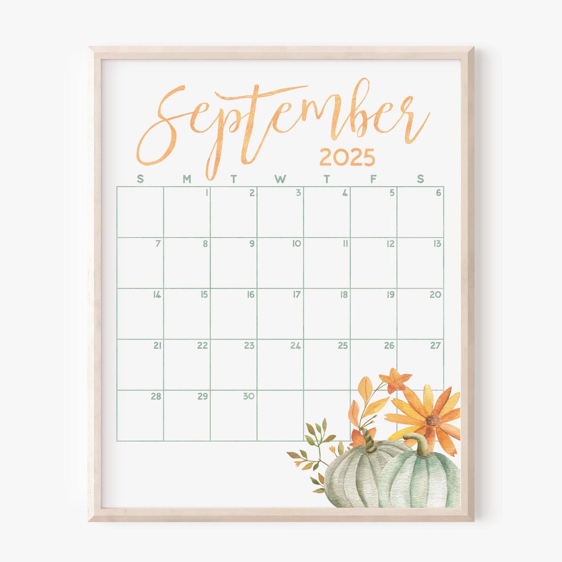 September 2025 Calendar Green Pumpkins Wood Frame Rustic Planner - Image 4
