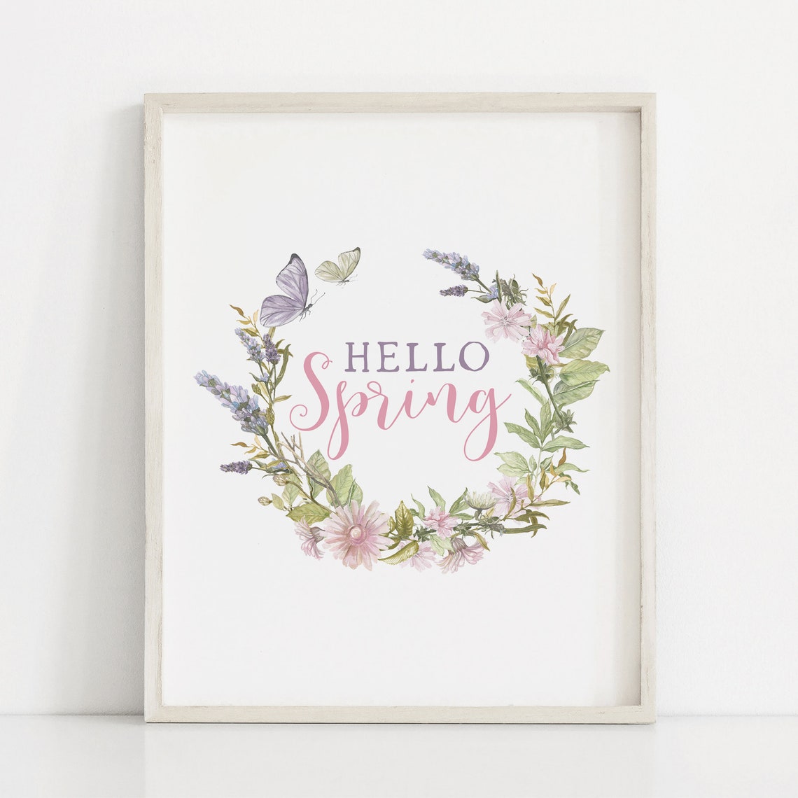 Hello Spring Floral Wreath Butterflies Pink Watercolor Wall Art Print - Image 4