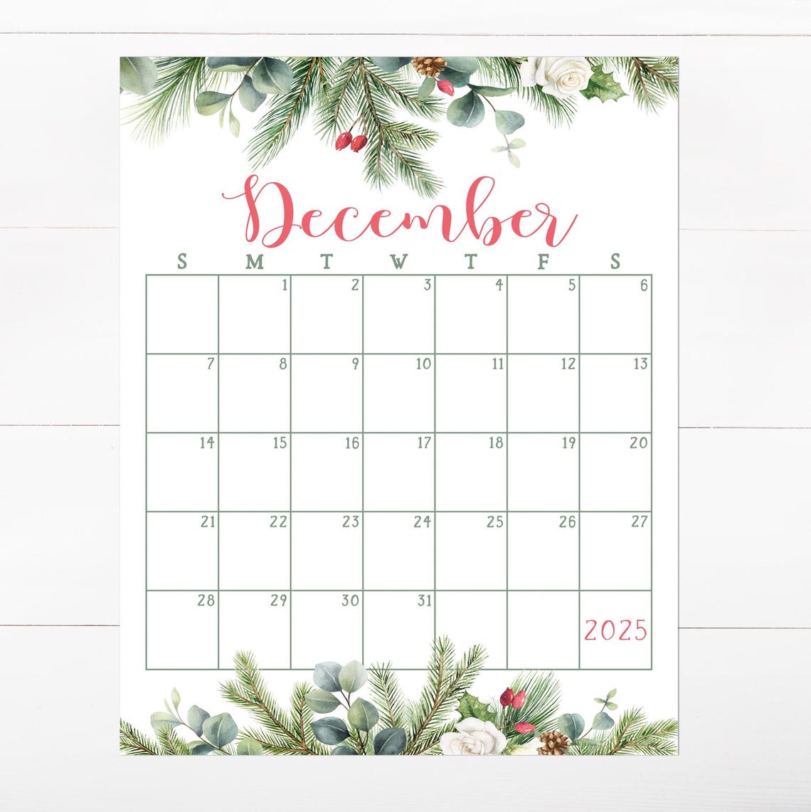 December 2025 Calendar Winter Greenery Eucalyptus Berries Print - Image 2