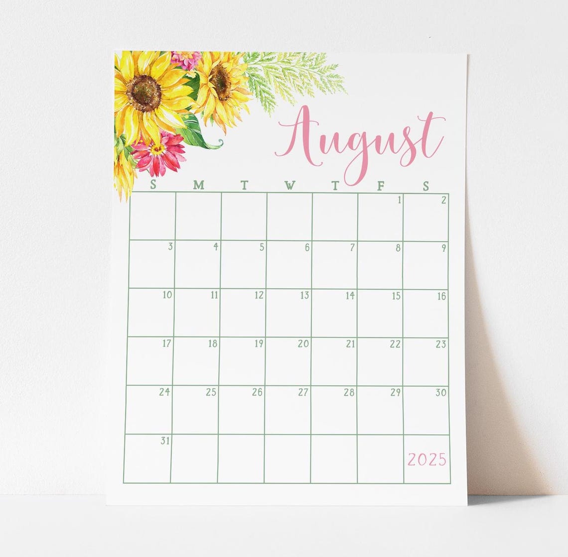 August 2025 Calendar Bright Sunflowers Pink Daisies Monthly Planner - Image 4