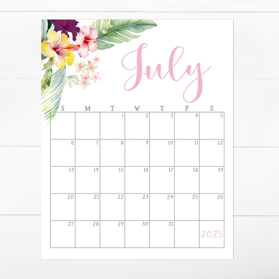 July 2025 Calendar Tropical Hibiscus Flowers Pink Monthly Planner - Image 4