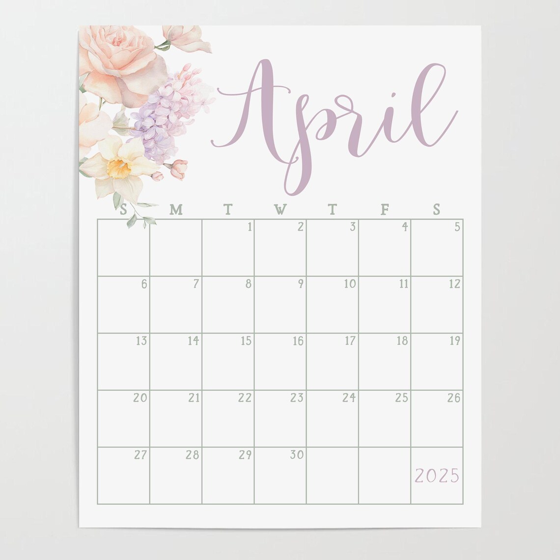 April 2025 Calendar Floral Watercolor Spring Monthly Planner Wall Print - Image 2
