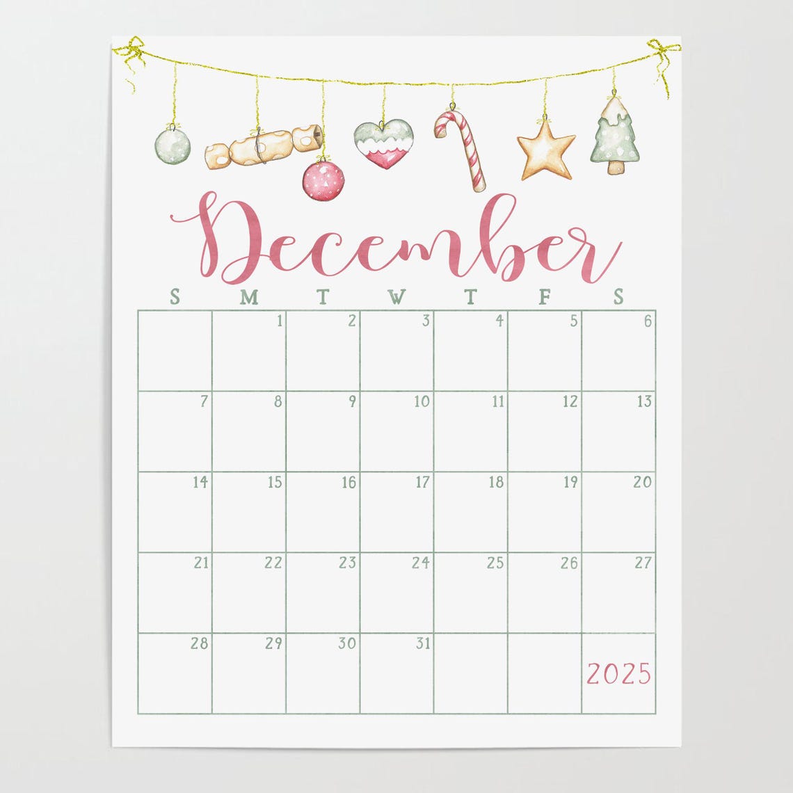 December 2025 Calendar Hanging Ornaments Pink Script Wall Planner - Image 4