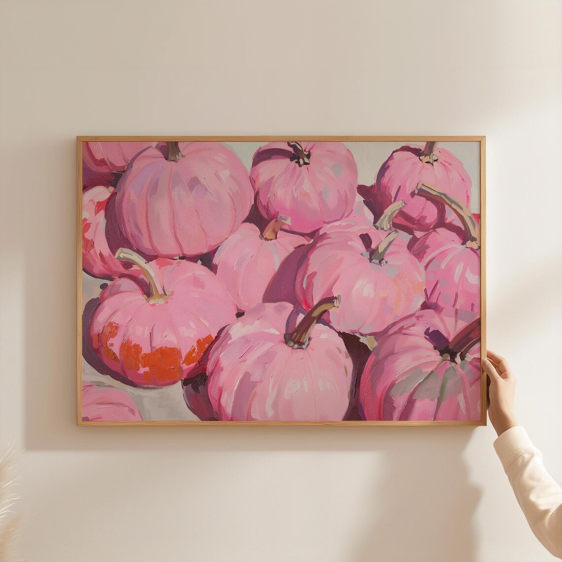 Hot Pink Pumpkin Pile Painting Girly Autumn Patch Fall Decor Wall Art Print - Image 3