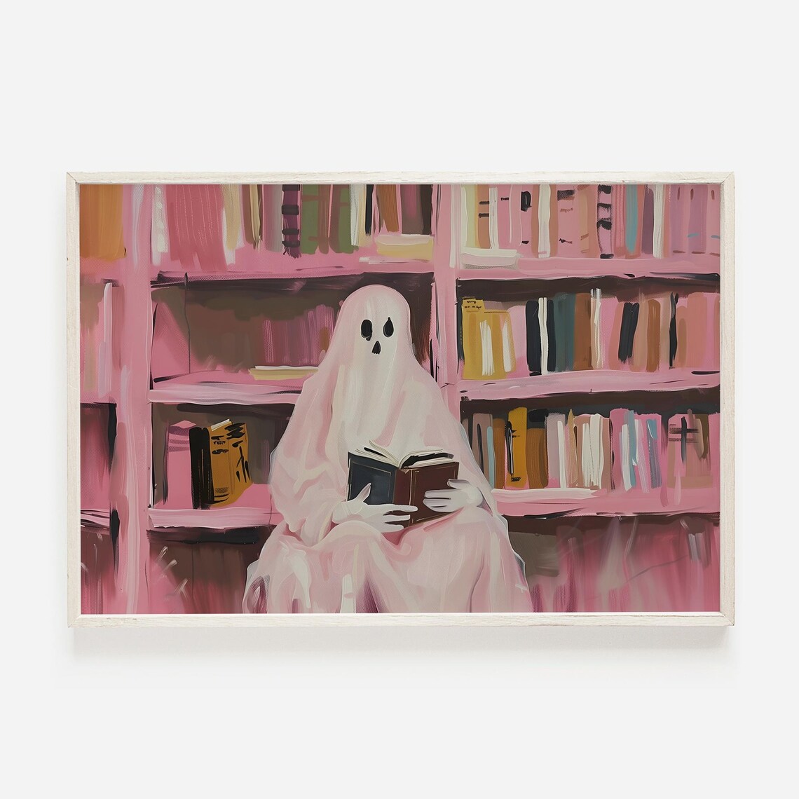 Ghost Reading Book in Pink Library Painting Spooky Bookworm Wall Art Print