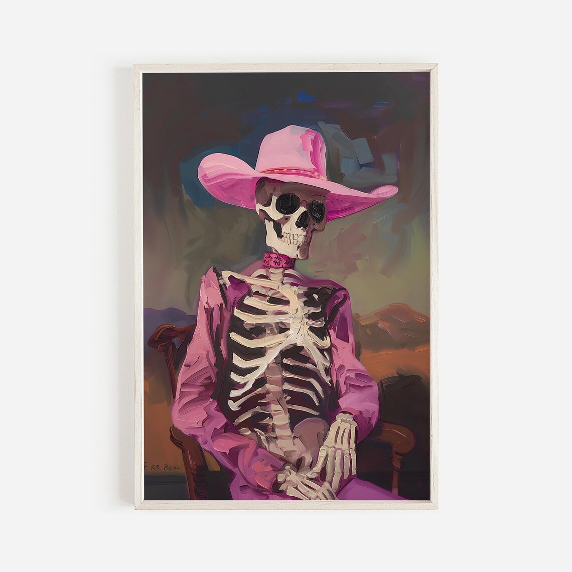 Pink Cowgirl Skeleton Portrait Cowboy Hat Painting Western Halloween Art Print