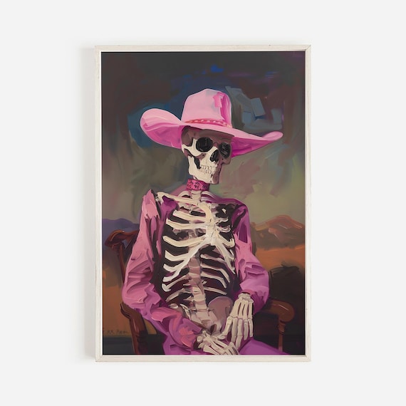 Pink Cowgirl Skeleton Portrait Cowboy Hat Painting Western Halloween Art Print