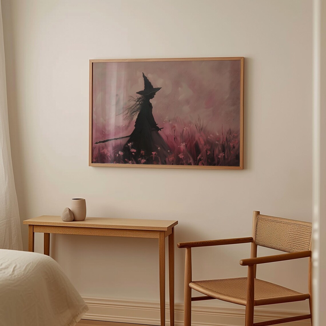 Witch Silhouette in Pink Flower Meadow Painting Moody Halloween Art Print - Image 2