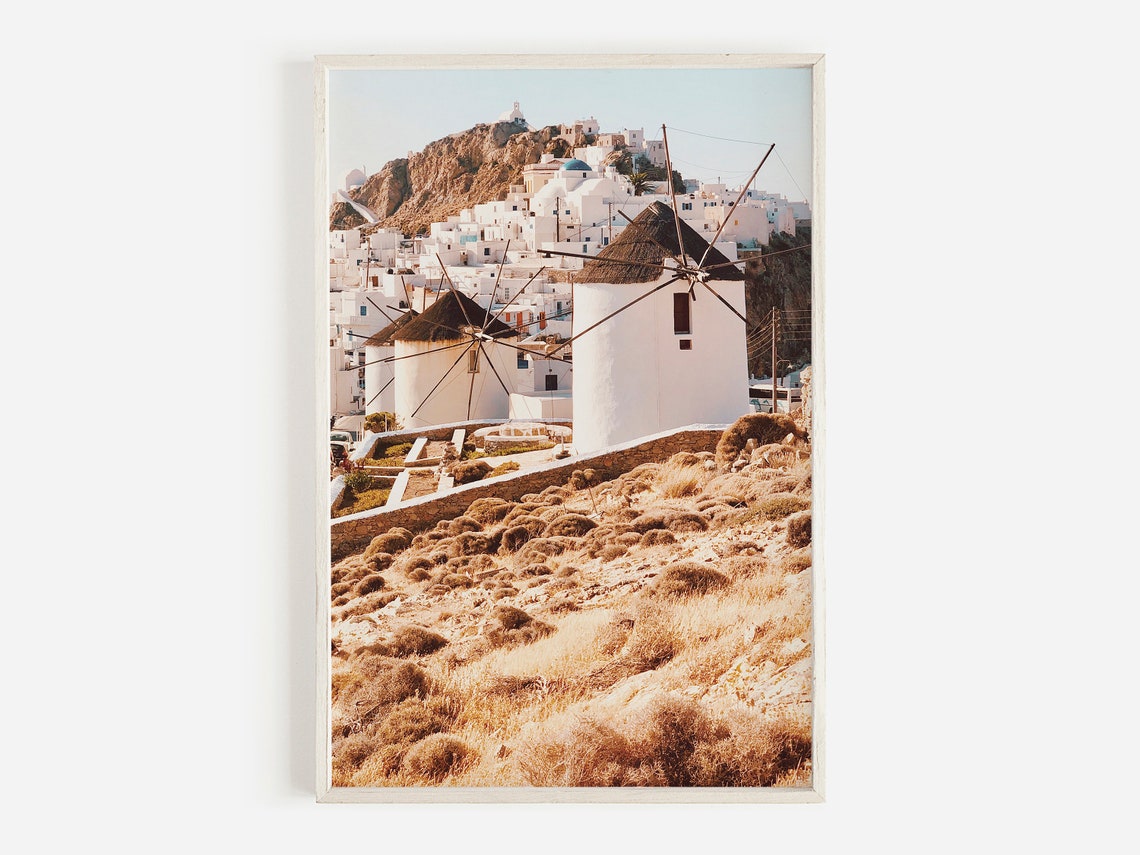 Mykonos Greece Windmills Over Whitewashed Hillside Town Travel Poster
