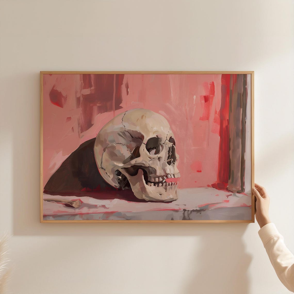 Colorful Skull Still Life Painting Pink Background Gothic Decor Poster - Image 3