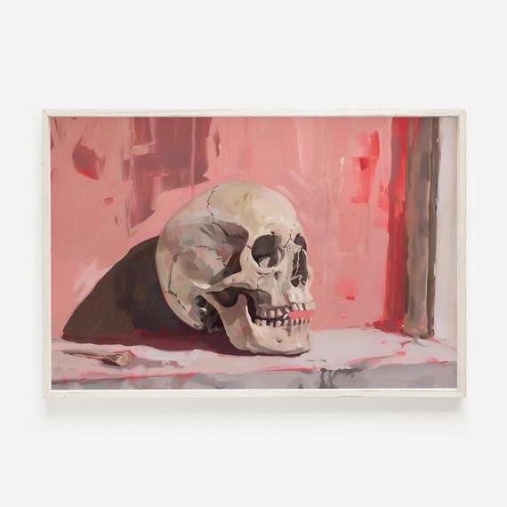 Colorful Skull Still Life Painting Pink Background Gothic Decor Poster