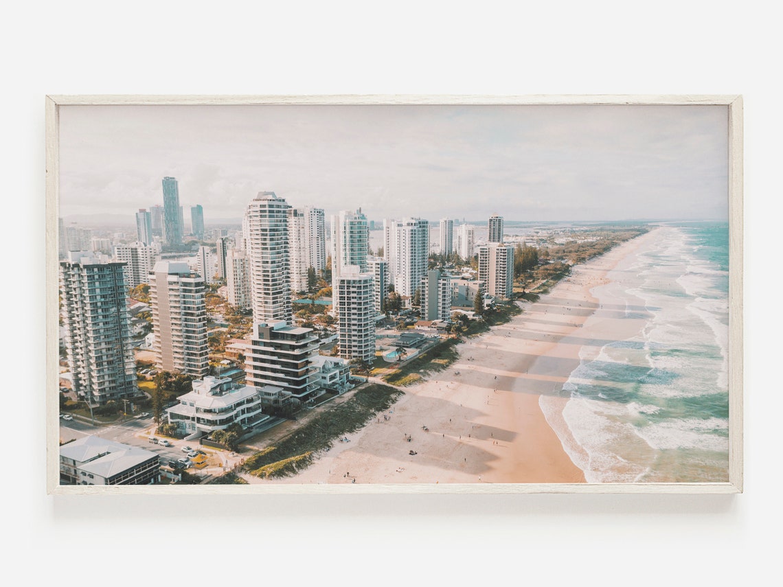 Coastal City Skyline Long Sandy Beach Aerial Ocean View Travel Poster