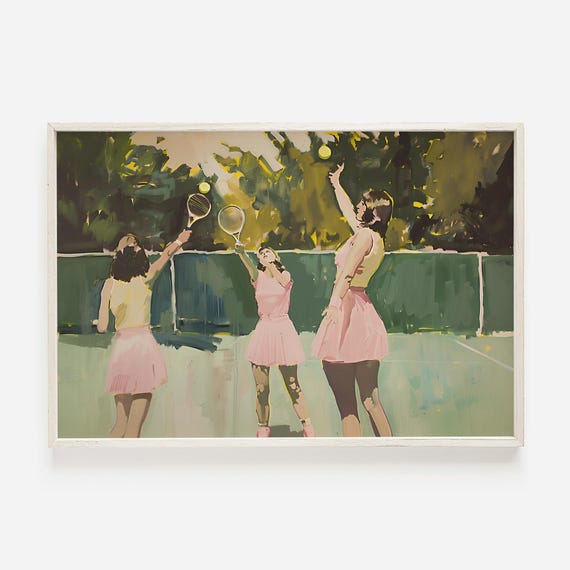 Three Girls Playing Tennis Print Vintage Tennis Illustration Tennis Girls Poster Retro Home Decor Mid Century Tennis Wall Art