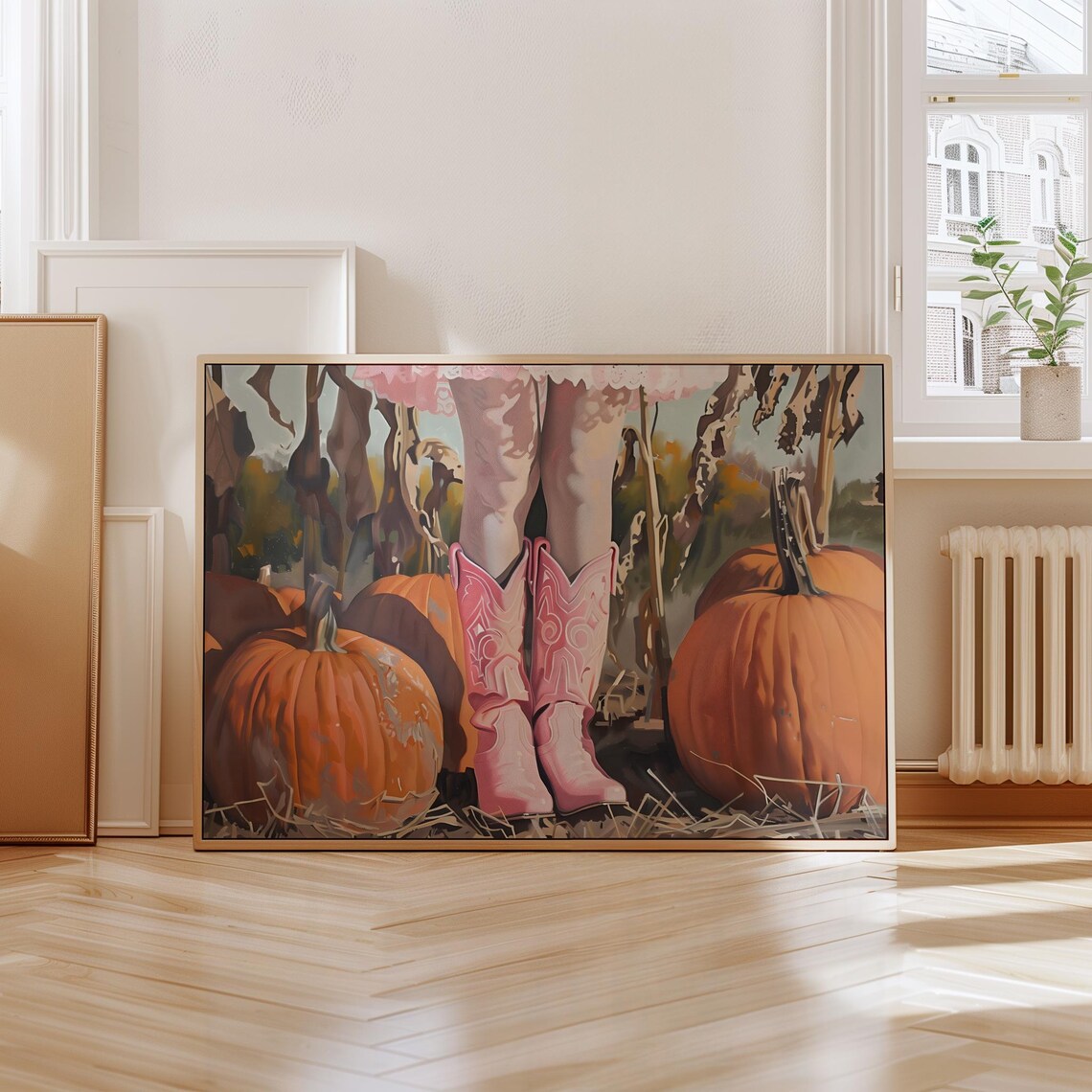 Pink Cowboy Boots in Orange Pumpkin Patch Painting Western Fall Art Print - Image 4