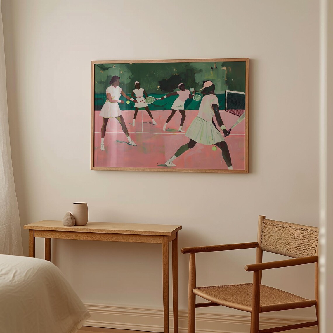 Tennis Doubles Match On Pink Court Girls Sports Painting Art Poster - Image 2