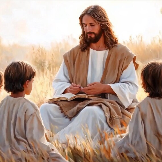 Jesus Reading Book With Children In Golden Wheat Field Poster