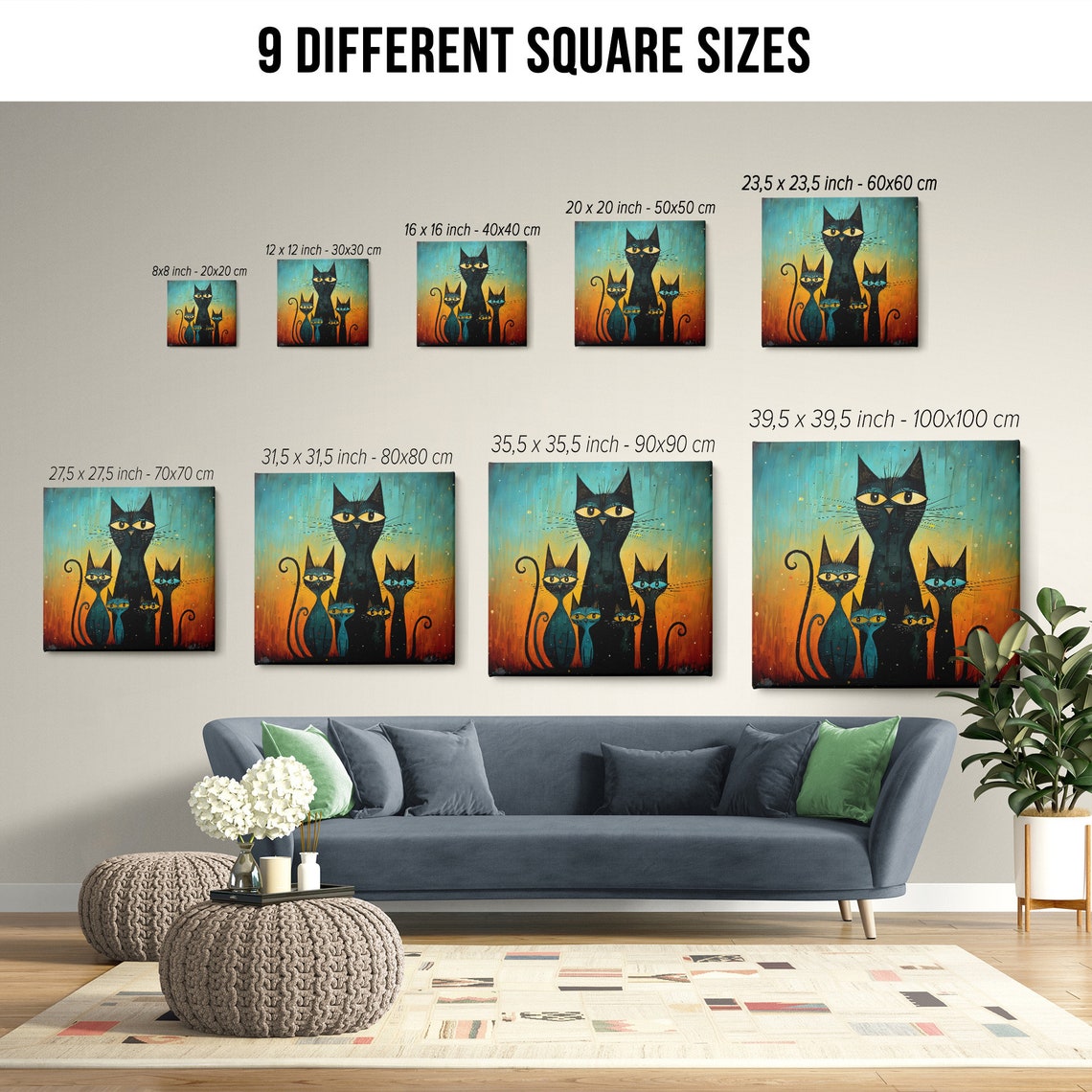 Black Cat Family Whimsical Five Cats Teal Orange Modern Wall Art - Image 2