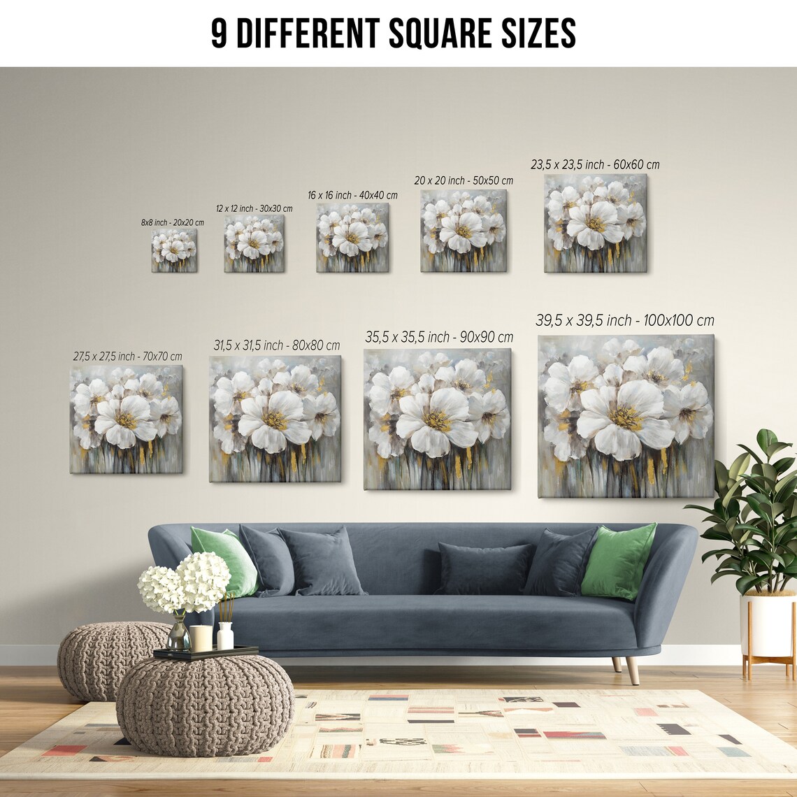 White Gold Blossoms Grey Abstract Soft Floral Painting Wall Art - Image 2