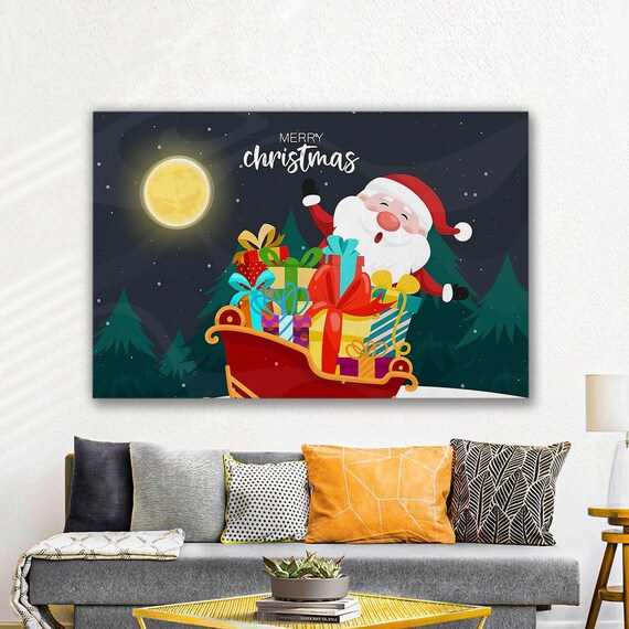 Merry Christmas Santa Sleigh Gifts Cartoon Holiday Night Art Poster