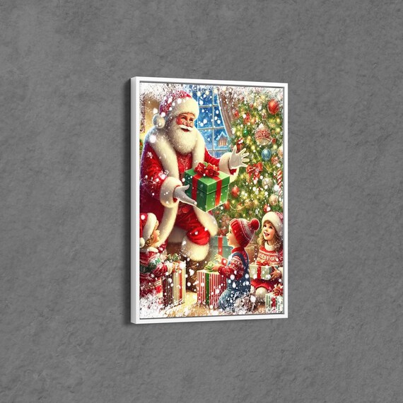 Joyful Santa Claus Giving Gifts to Children by Christmas Tree Poster