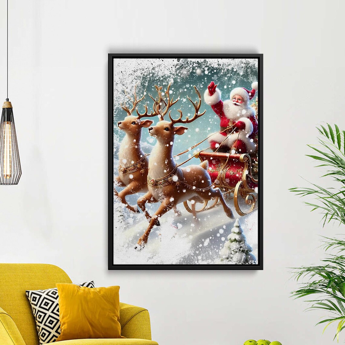 Santa Claus Riding Golden Sleigh With Reindeer Through Snowstorm Poster