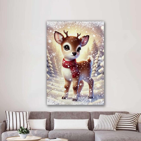Cute Baby Reindeer With Red Scarf Standing In Snowy Winter Forest Print