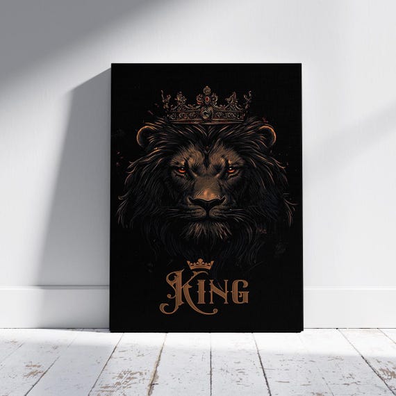 King Lion Canvas Print Powerful Stylish Minimalist Portrait Royal Crown Masculine Wall Art Black Gold Color Combination