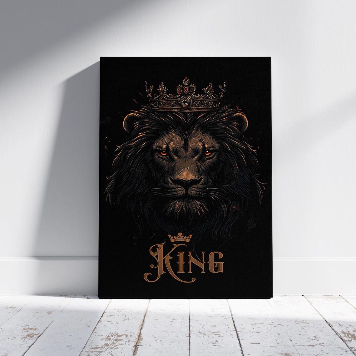 Black Lion King Portrait Crown Gold On Black Majestic Art Poster