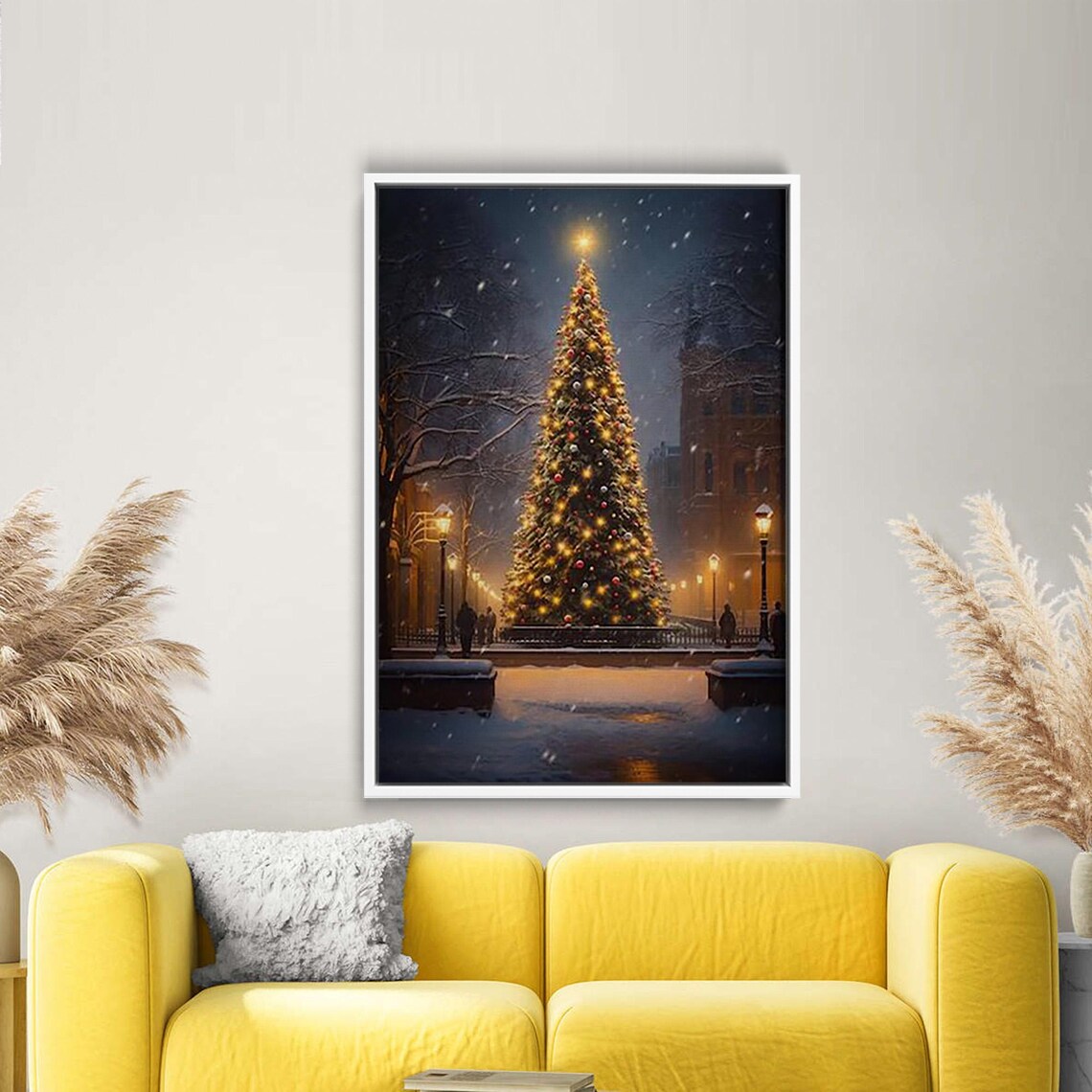 Snowy Town Square Christmas Tree With Lights At Night Holiday Poster