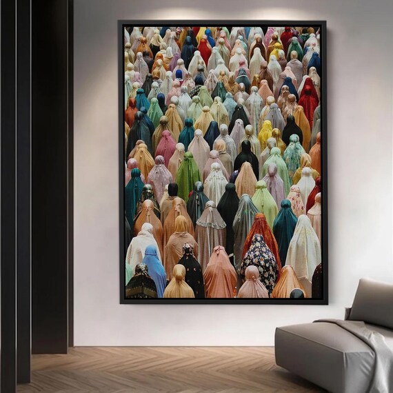 Colorful Islamic Prayer Gathering Wall Art Muslim Women In Hijab Photography Print Spiritual Unity And Diversity Cultural Poster