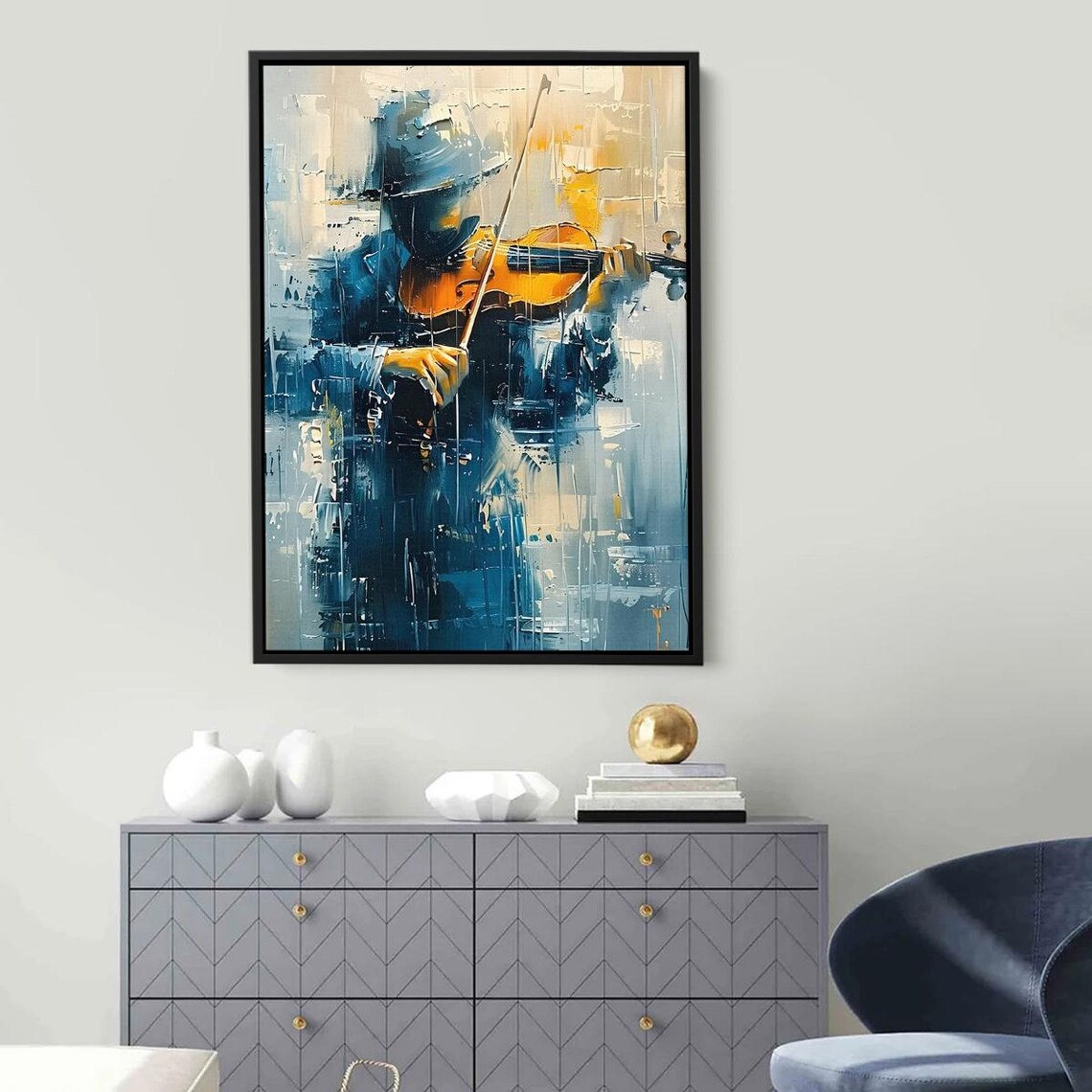 Abstract Violinist Palette Knife Blue and Orange Musician Poster