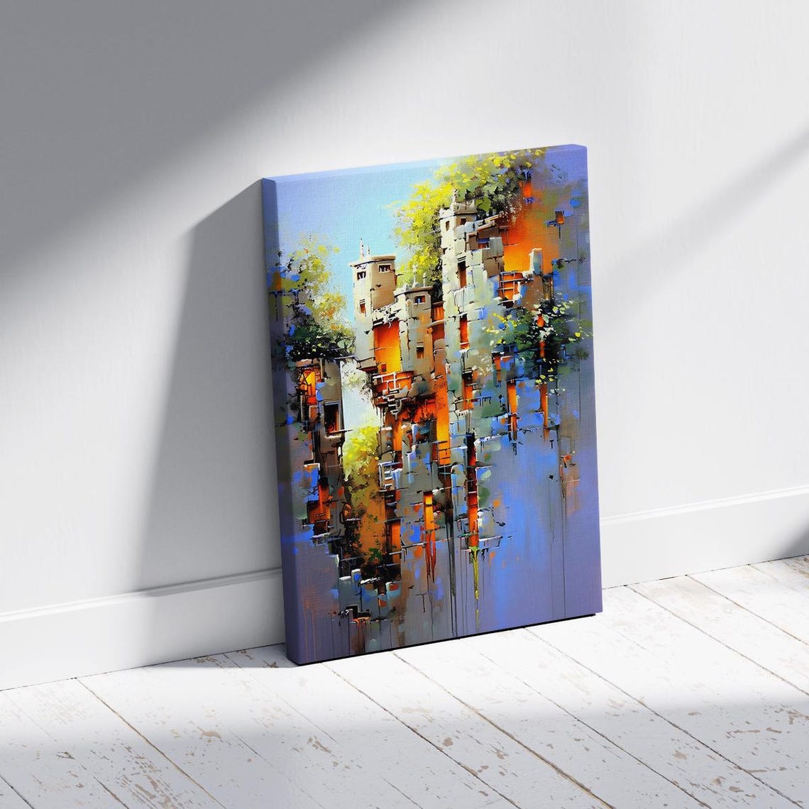 Impressionist Abstract City Towers Orange Blue Modern Art Poster