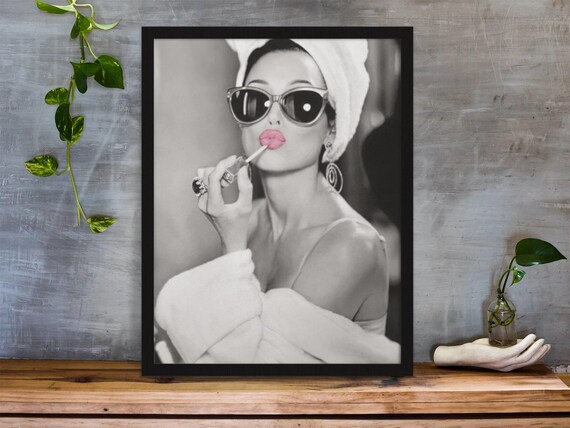 Vintage Glamour Woman Applying Pink Lipstick Sunglasses Style Wall Art
