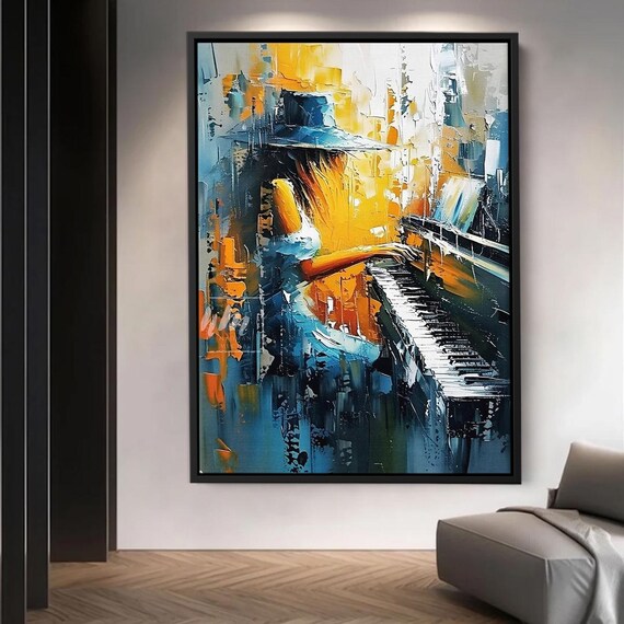 Abstract Woman Playing Piano Palette Knife Blue Gold Art Poster