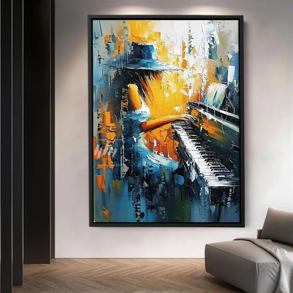 Abstract Woman Playing Piano Wall Art Colorful Palette Knife Painting Textured Modern Music Lover Canvas Impressionist Home Decor