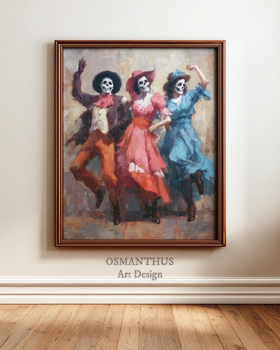 Three Dancing Skeletons Colorful Dresses Day Of The Dead Art Poster