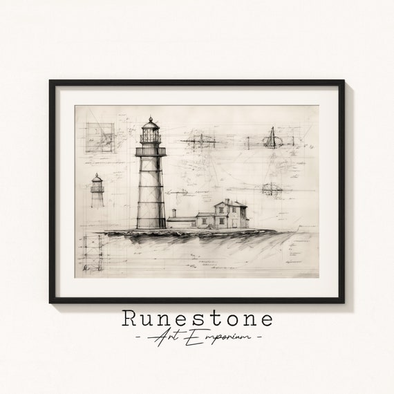 Lighthouse Architectural Illustration Coastal Sketch Black And White Wall Art Nautical Etching Neutral Print