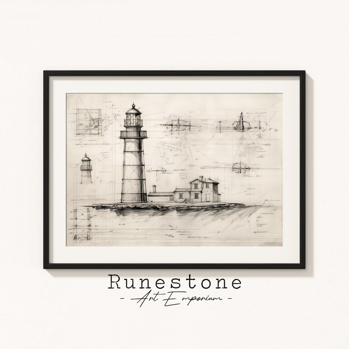 Lighthouse Architectural Blueprint Sketch Nautical Drafting Poster