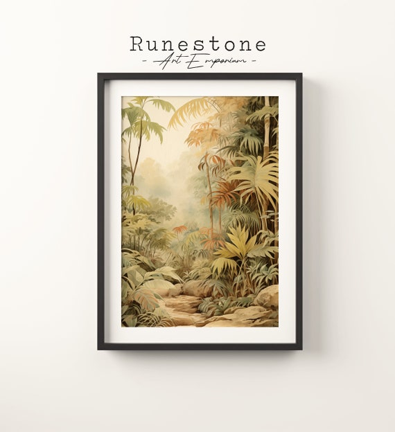 Antique Lush Jungle Sketch Tropical Boho Wall Art Modern Bohemian Hand Drawn Natural Landscape Print