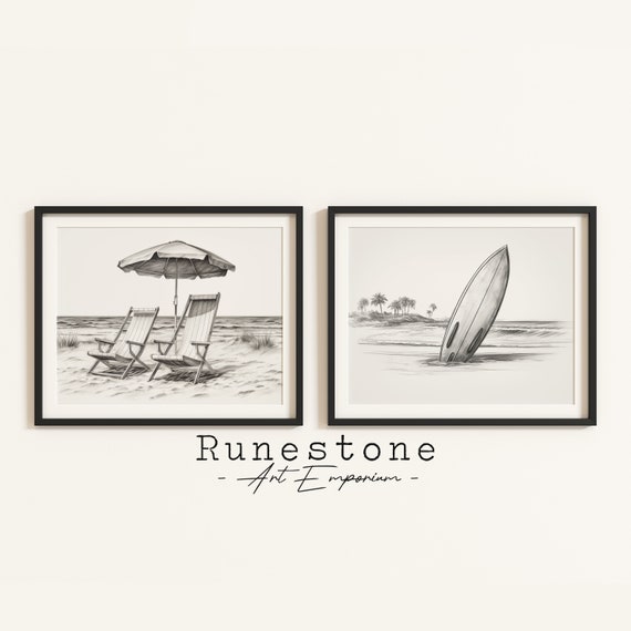 Set Of Two Beach Illustrations Nautical Wall Art Minimal Portrait Pencil Drawing Home Decor Neutral Print