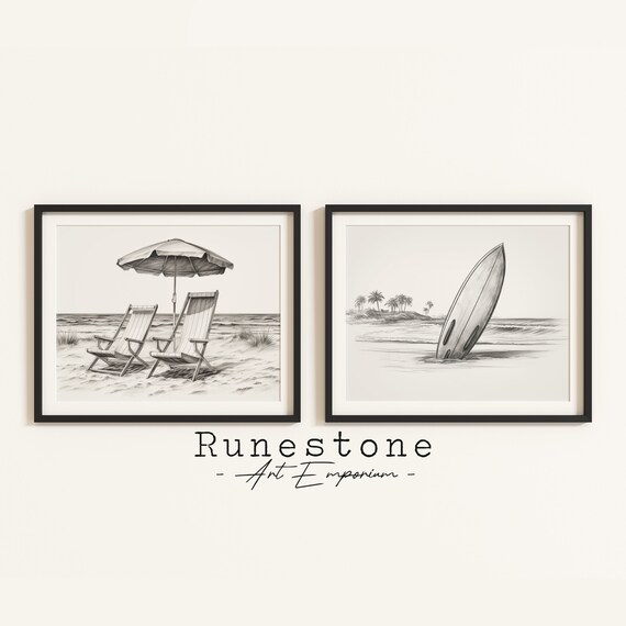 Set Of Two Beach Sketches Chairs Umbrella Surfboard Coastal Poster