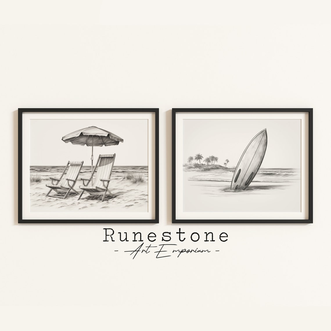 Set Of Two Beach Sketches Chairs Umbrella Surfboard Coastal Poster