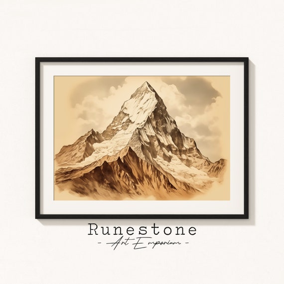 Antique Mount Everest Sketch Nepalese Wall Art Vintage Bohemian Hand Drawn Mountain Landscape Print