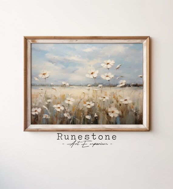 White Wildflowers Golden Field Blue Sky Landscape Art Poster