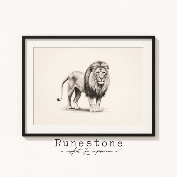 Lion Safari Illustration Nursery Wall Art Minimal Animal Portrait Pencil Drawing Decor Neutral Print