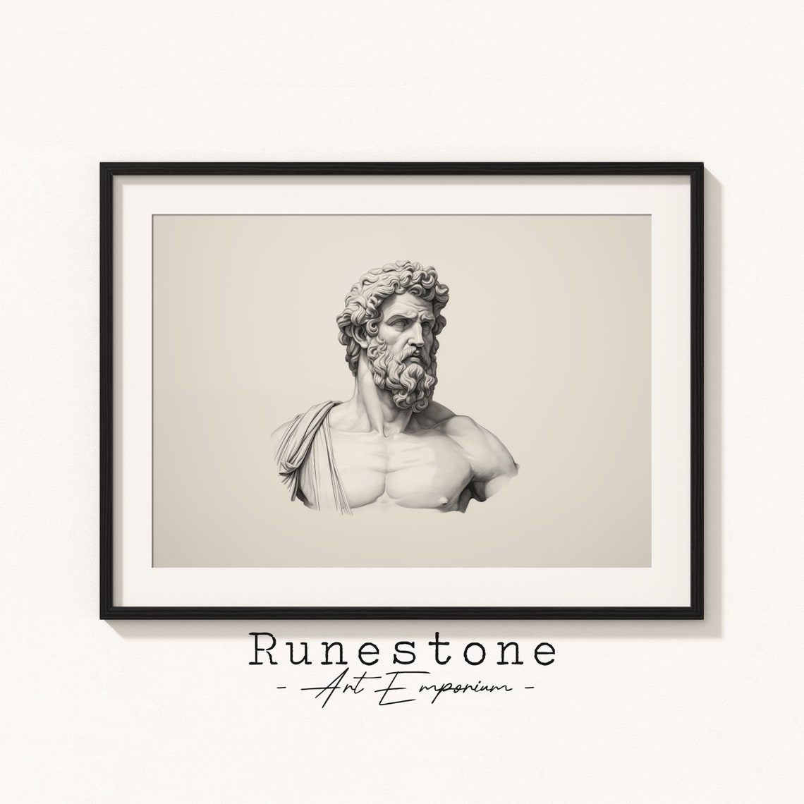Greek Marble Bust Bearded Statue Classical Pencil Sketch Wall Art