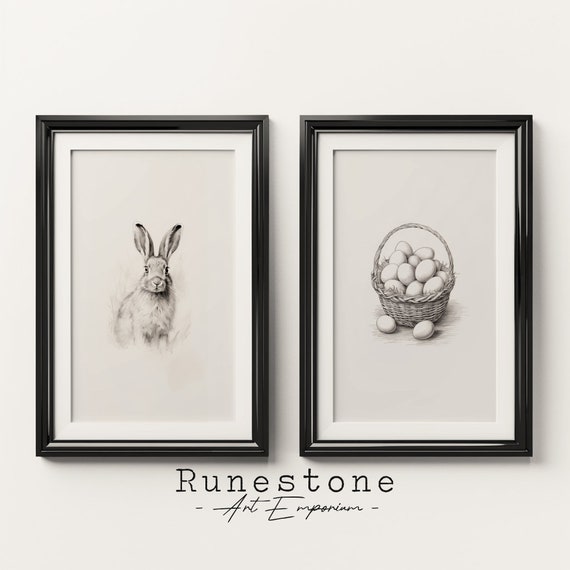 Set Of 2 Easter Sketches Print Spring Wall Art Minimal Animal Portrait Pencil Drawing Home Decor Neutral